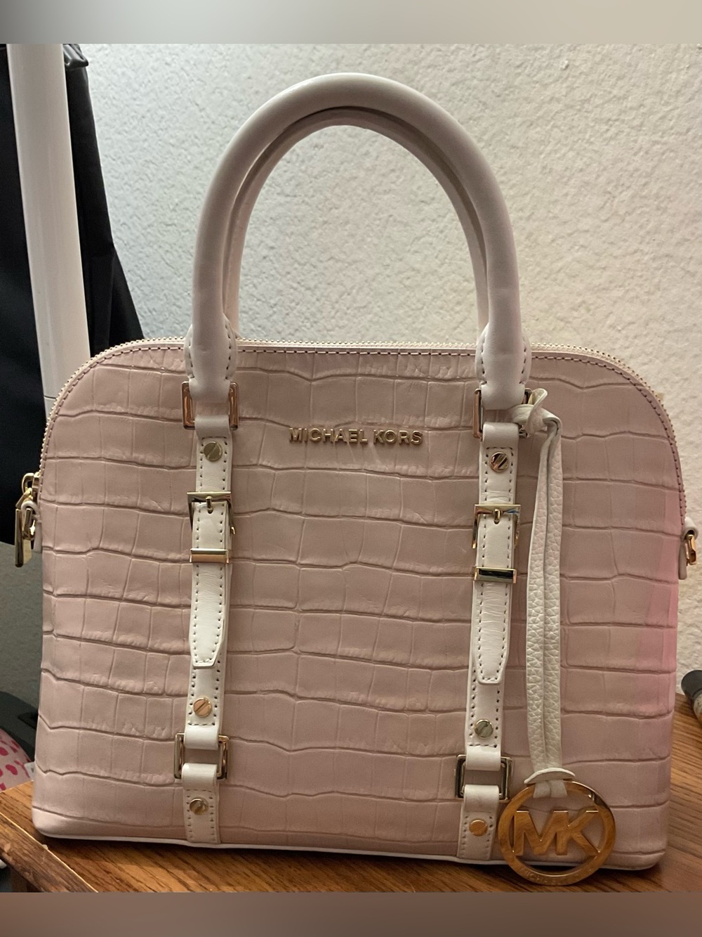 Michael Kors Blush Croc-Embossed Satchel with Gold Hardware